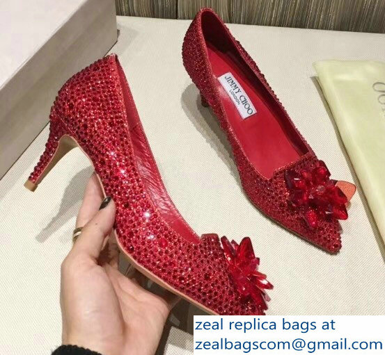 Jimmy Choo Heel 6.5cm Flower and Crystal Covered Pumps Red 2018