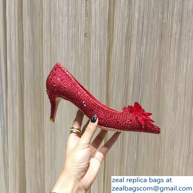 Jimmy Choo Heel 6.5cm Flower and Crystal Covered Pumps Red 2018 - Click Image to Close