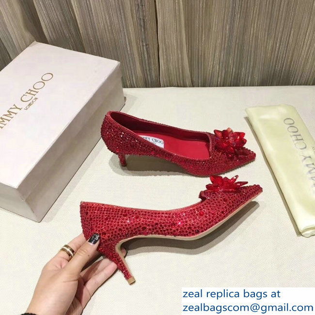 Jimmy Choo Heel 6.5cm Flower and Crystal Covered Pumps Red 2018