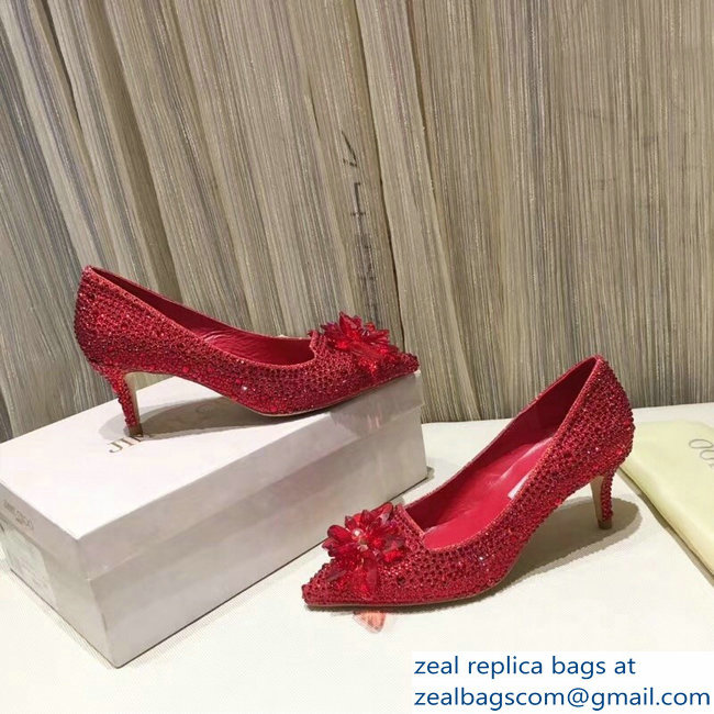 Jimmy Choo Heel 6.5cm Flower and Crystal Covered Pumps Red 2018 - Click Image to Close