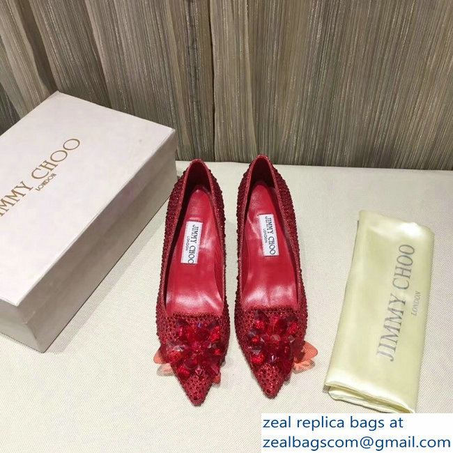 Jimmy Choo Heel 6.5cm Flower and Crystal Covered Pumps Red 2018
