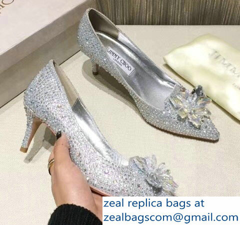 Jimmy Choo Heel 6.5cm Flower and Crystal Covered Pumps Silver 2018 - Click Image to Close