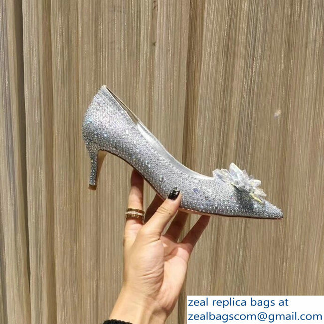 Jimmy Choo Heel 6.5cm Flower and Crystal Covered Pumps Silver 2018 - Click Image to Close