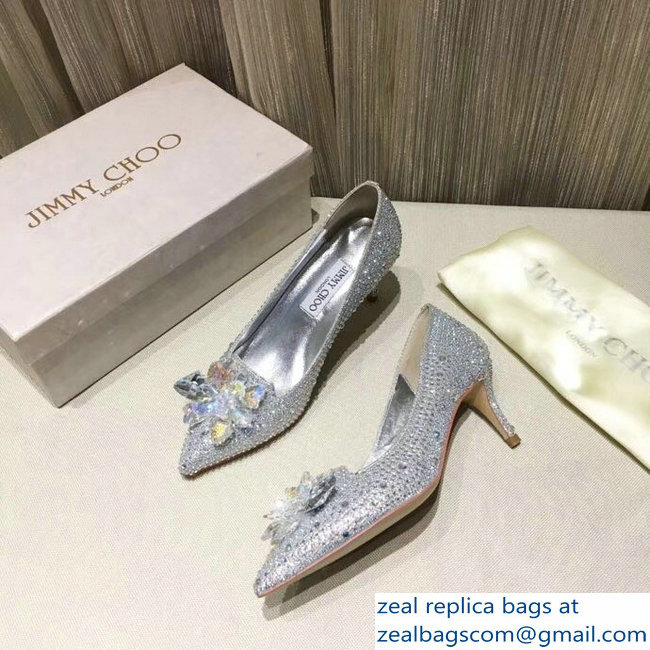 Jimmy Choo Heel 6.5cm Flower and Crystal Covered Pumps Silver 2018