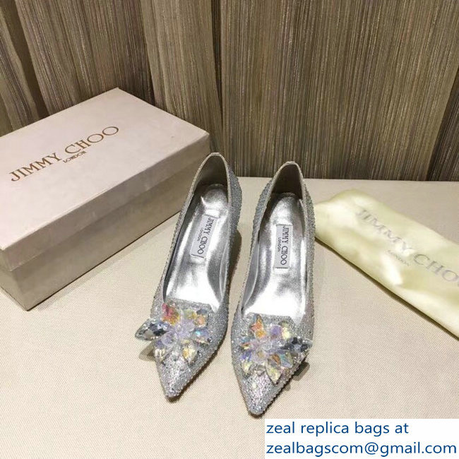 Jimmy Choo Heel 6.5cm Flower and Crystal Covered Pumps Silver 2018