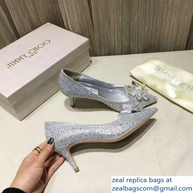 Jimmy Choo Heel 6.5cm Flower and Crystal Covered Pumps Silver 2018 - Click Image to Close