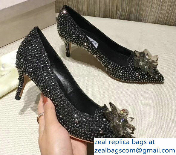 Jimmy Choo Heel 6.5cm Flower and Crystal Covered Pumps Silver Gray 2018