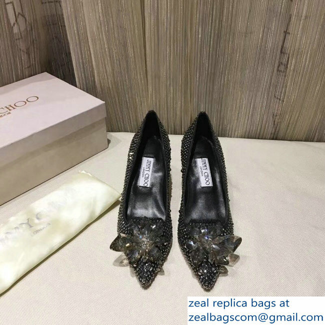 Jimmy Choo Heel 6.5cm Flower and Crystal Covered Pumps Silver Gray 2018
