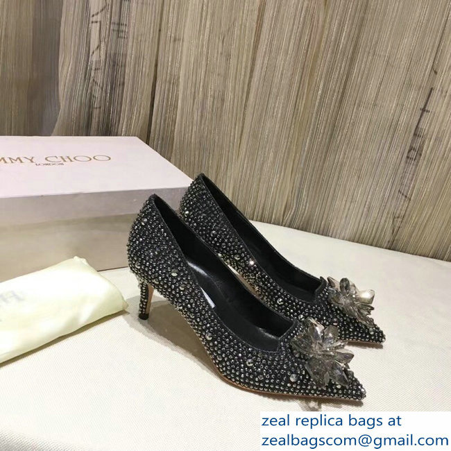 Jimmy Choo Heel 6.5cm Flower and Crystal Covered Pumps Silver Gray 2018 - Click Image to Close