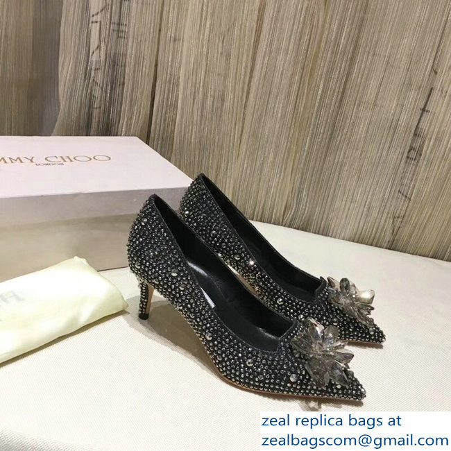 Jimmy Choo Heel 6.5cm Flower and Crystal Covered Pumps Silver Gray 2018