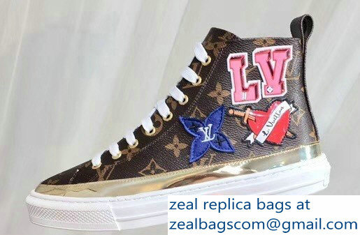 Louis Vuitton LV Heart Patches Stellar Sneakers Boots Monogram Canvas/Gold 2018 - Click Image to Close