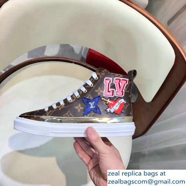 Louis Vuitton LV Heart Patches Stellar Sneakers Boots Monogram Canvas/Gold 2018 - Click Image to Close