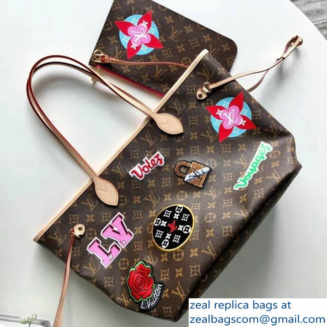 Louis Vuitton Monogram Canvas Neverfull MM Tote Bag M43988 Patches 2018