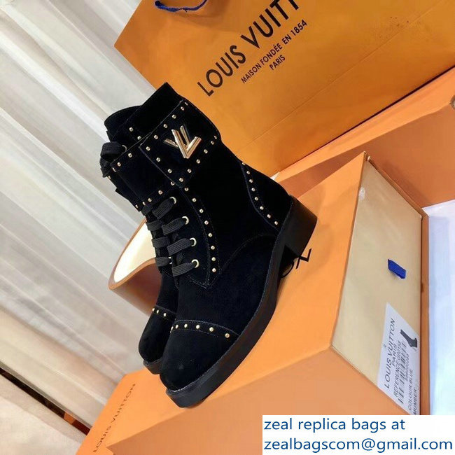 Louis Vuitton Wonderland Flat Ranger Boots Suede Calf Leather 1A4G18 Noir 2018 - Click Image to Close