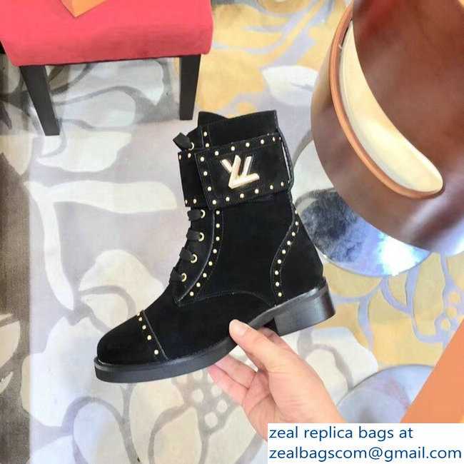 Louis Vuitton Wonderland Flat Ranger Boots Suede Calf Leather 1A4G18 Noir 2018