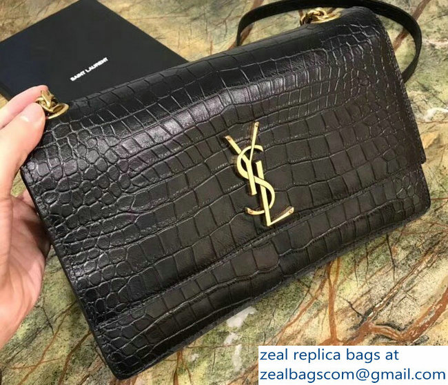Saint Laurent Sunset Medium Bag In Supple Stamped Crocodile Leather 515823 Black 2018