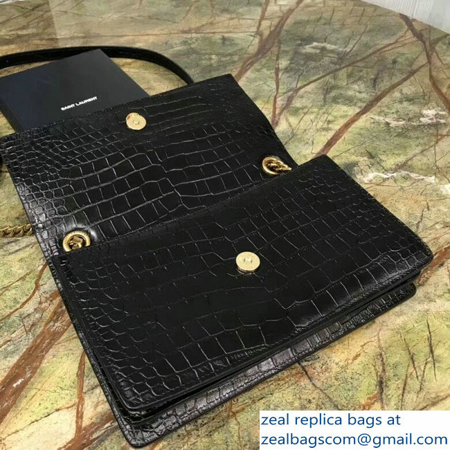 Saint Laurent Sunset Medium Bag In Supple Stamped Crocodile Leather 515823 Black 2018 - Click Image to Close
