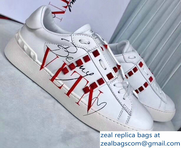 Valentino Red Rockstud Lovers Sneakers Be My VLTN Heart White 2018 - Click Image to Close