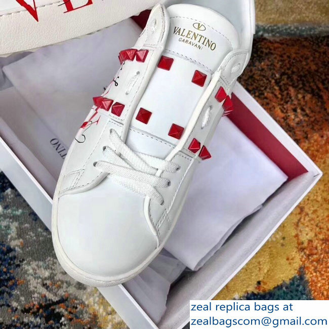 Valentino Red Rockstud Lovers Sneakers Be My VLTN Heart White 2018 - Click Image to Close