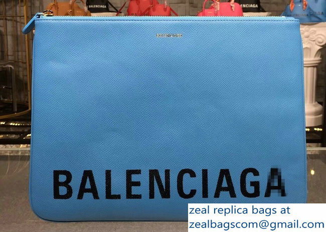 Balenciag Front Logo Ville Pouch Clutch Bag Sky Blue 2018