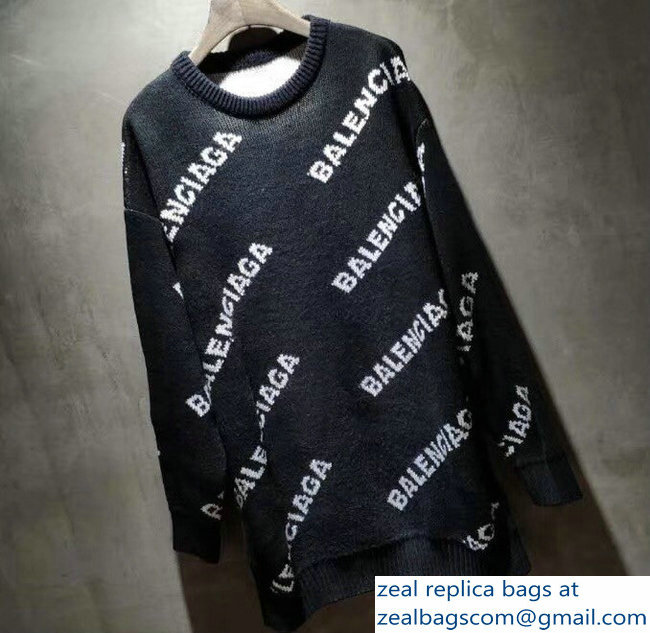 Balenciaga Jacquard All Over Logo Crewneck Sweater Black 2018 - Click Image to Close