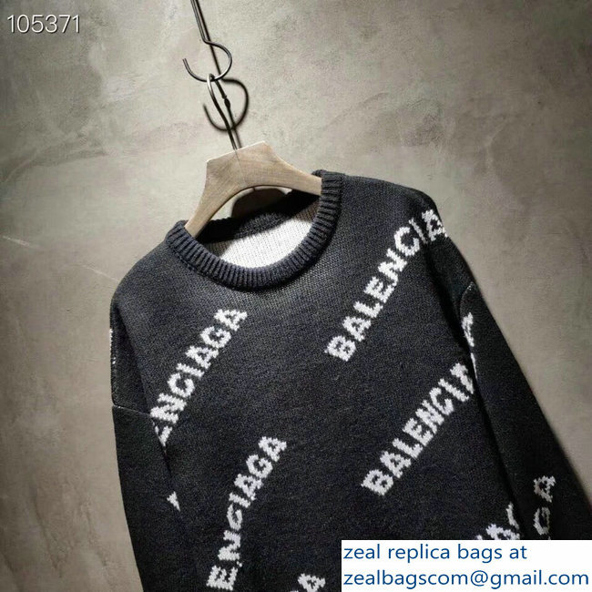 Balenciaga Jacquard All Over Logo Crewneck Sweater Black 2018 - Click Image to Close