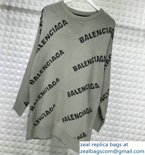 Balenciaga Jacquard All Over Logo Crewneck Sweater Gray 2018 - Click Image to Close