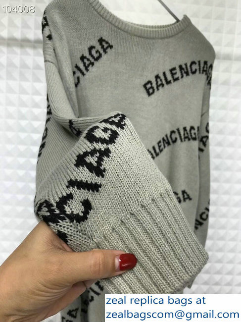 Balenciaga Jacquard All Over Logo Crewneck Sweater Gray 2018 - Click Image to Close