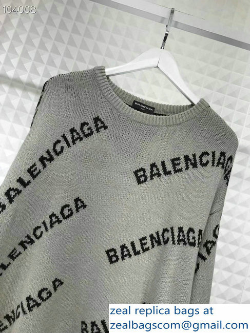 Balenciaga Jacquard All Over Logo Crewneck Sweater Gray 2018 - Click Image to Close