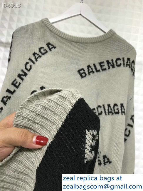 Balenciaga Jacquard All Over Logo Crewneck Sweater Gray 2018 - Click Image to Close