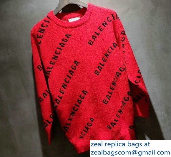 Balenciaga Jacquard All Over Logo Crewneck Sweater Red 2018 - Click Image to Close