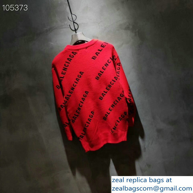 Balenciaga Jacquard All Over Logo Crewneck Sweater Red 2018