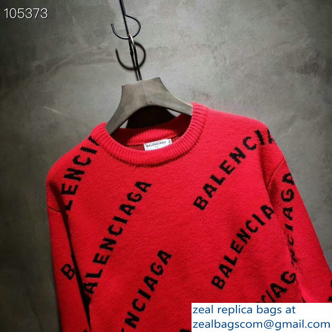 Balenciaga Jacquard All Over Logo Crewneck Sweater Red 2018 - Click Image to Close