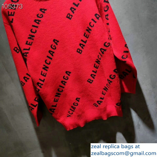 Balenciaga Jacquard All Over Logo Crewneck Sweater Red 2018 - Click Image to Close
