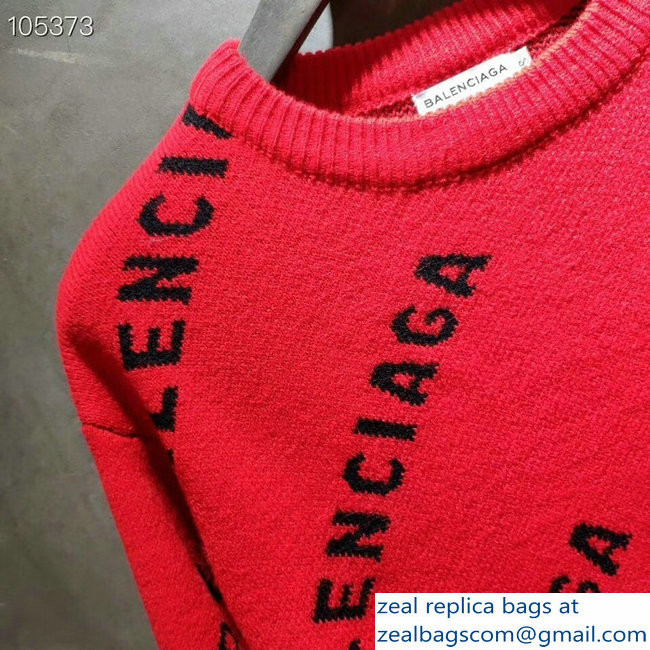 Balenciaga Jacquard All Over Logo Crewneck Sweater Red 2018