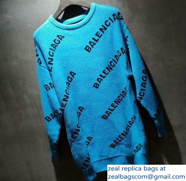 Balenciaga Jacquard All Over Logo Crewneck Sweater Sky Blue 2018 - Click Image to Close