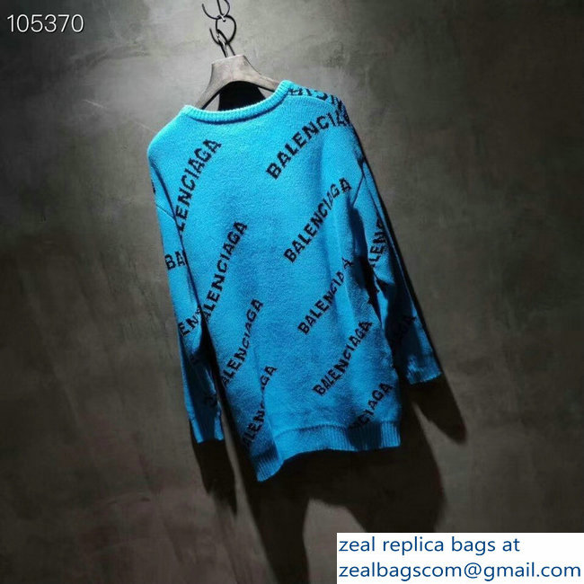 Balenciaga Jacquard All Over Logo Crewneck Sweater Sky Blue 2018 - Click Image to Close