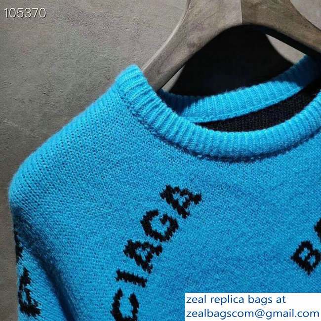 Balenciaga Jacquard All Over Logo Crewneck Sweater Sky Blue 2018