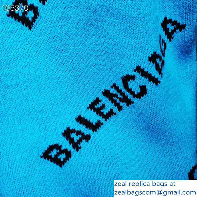 Balenciaga Jacquard All Over Logo Crewneck Sweater Sky Blue 2018