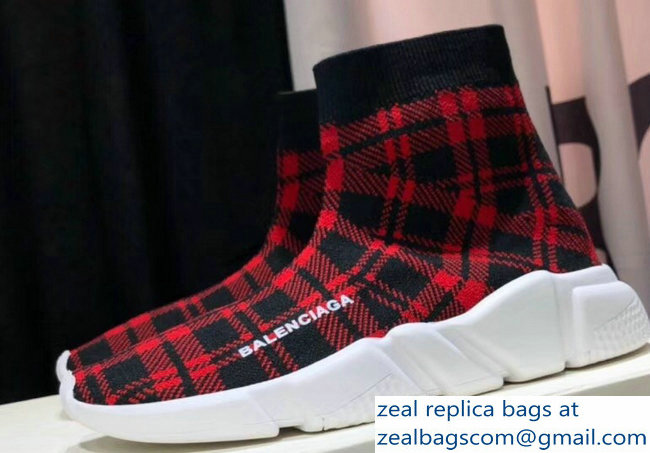 Balenciaga Knit Sock Speed Trainers Lovers Sneakers Grid Red 2018 - Click Image to Close