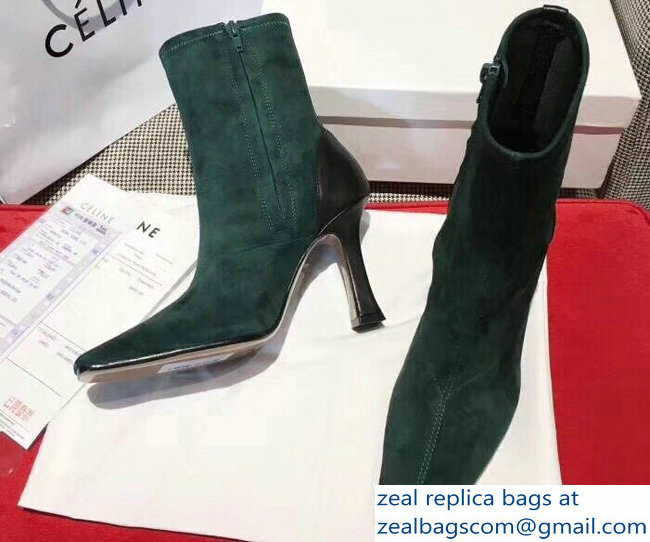 Celin Heel 9.5cm Ankle Boots Suede Dark Green 2018