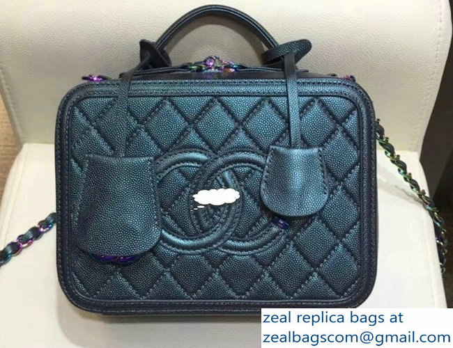 Chanel CC Filigree Grained Vanity Case Bag A93343 Iridescent Dark Turquoise 2018