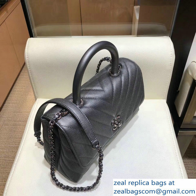 Chanel Chevron Grained Calfskin Small Flap Bag with Top Handle A92990 Metallic Gray 2018