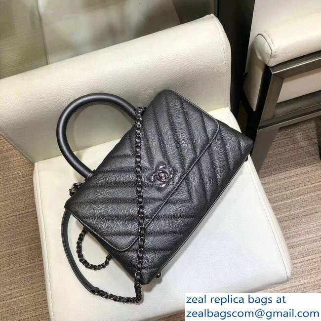 Chanel Chevron Grained Calfskin Small Flap Bag with Top Handle A92990 Metallic Gray 2018