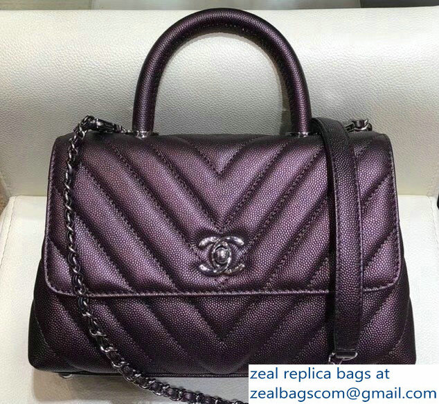 Chanel Chevron Grained Calfskin Small Flap Bag with Top Handle A92990 Metallic Purple 2018