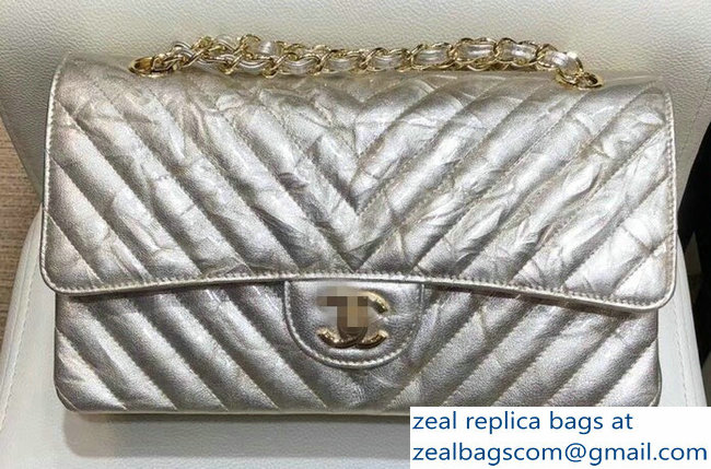 Chanel Patent Metallic Crumpled Calfskin Chevron Classic Flap Medium Bag Light Gold 2018