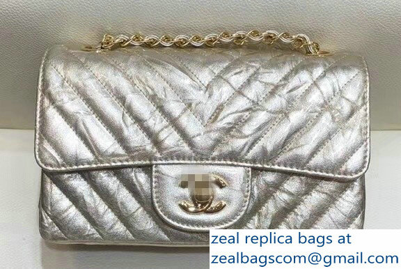 Chanel Patent Metallic Crumpled Calfskin Chevron Classic Flap Small Bag Light Gold 2018