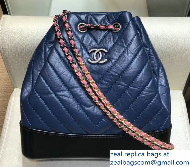 Chanel Chevron Gabrielle Backpack Bag A94485 Royal Blue/Black/Pink 2018