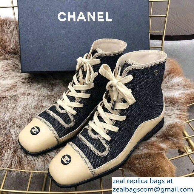 Chanel Denim/Leather Vintage Lace-Up High-Top Sneakers Beige 2018
