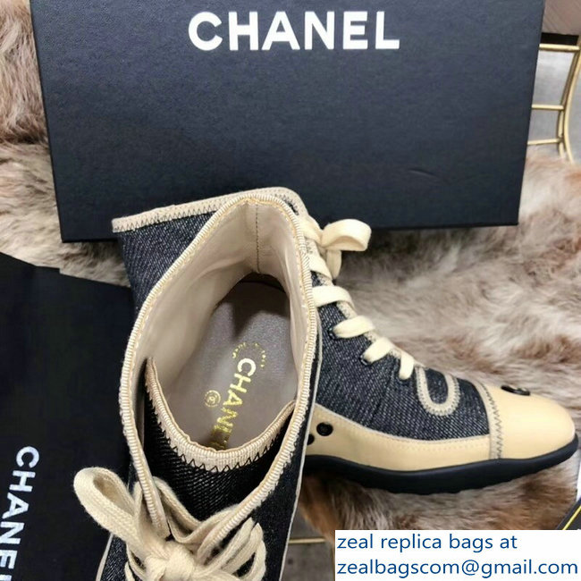 Chanel Denim/Leather Vintage Lace-Up High-Top Sneakers Beige 2018
